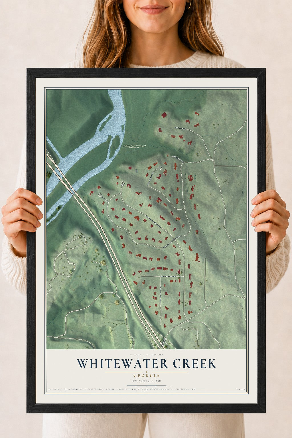 Whitewater Creek, Georgia map print, 18" x 24" W/ Black Ayous Wood Frame mockup