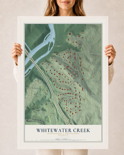 Whitewater Creek, Georgia map print, 24" x 36" W/ White Ayous Wood Frame mockup