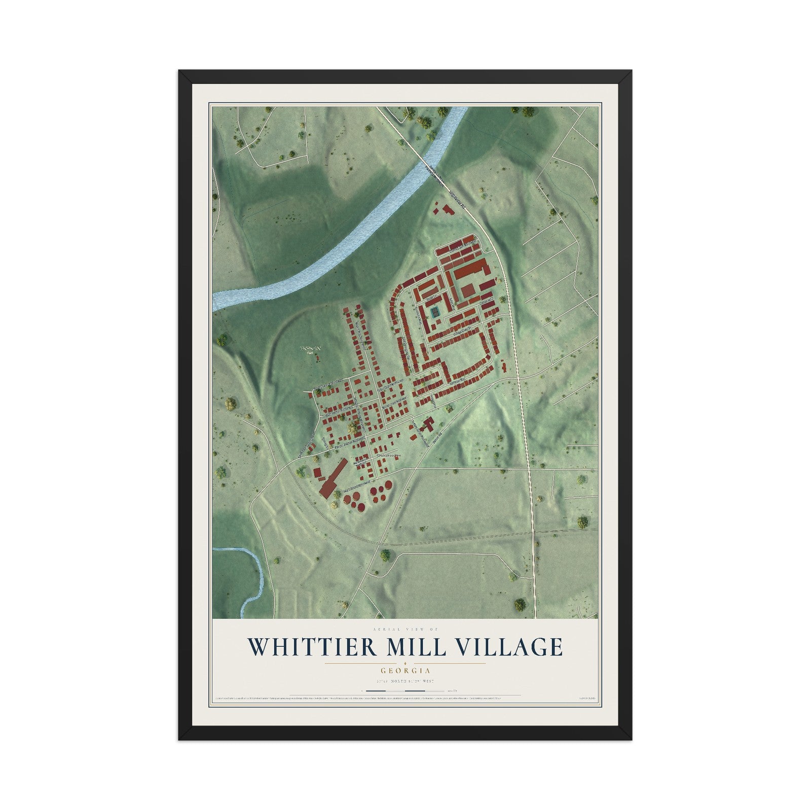 Whittier Mill Village, Georgia map print, 12" x 18" W/ Black Ayous Wood Frame mockup