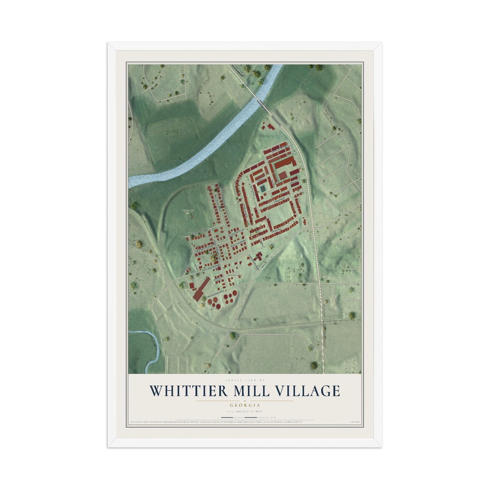 Whittier Mill Village, Georgia map print, 12" x 18" W/ White Ayous Wood Frame mockup