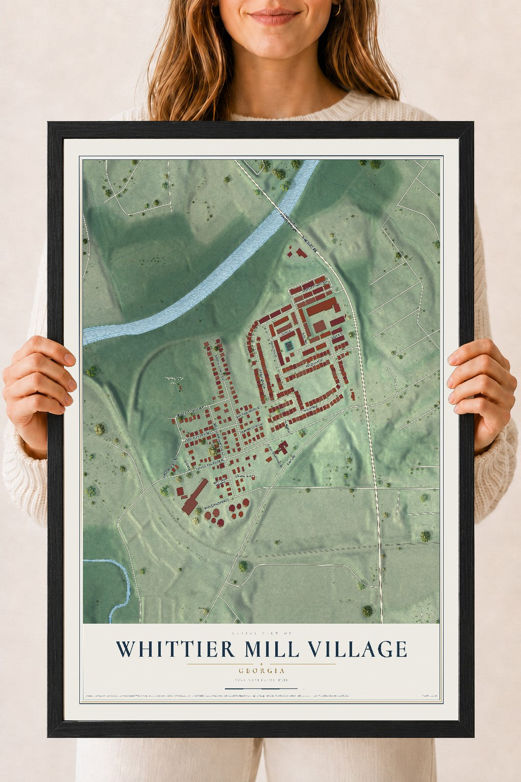 Whittier Mill Village, Georgia map print, 18" x 24" W/ Black Ayous Wood Frame mockup