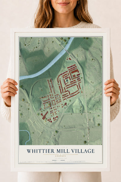 Whittier Mill Village, Georgia map print, 18" x 24" W/ White Ayous Wood Frame mockup