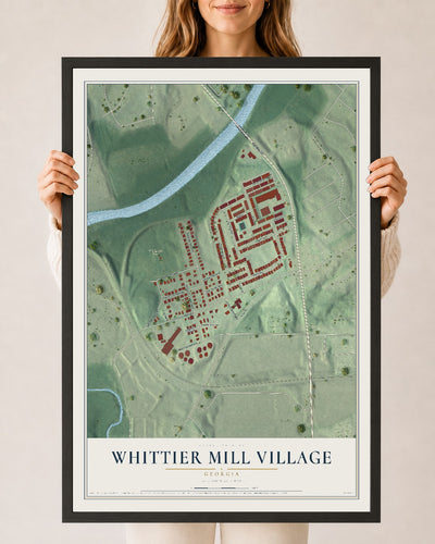 Whittier Mill Village, Georgia map print, 24" x 36" W/ Black Ayous Wood Frame mockup
