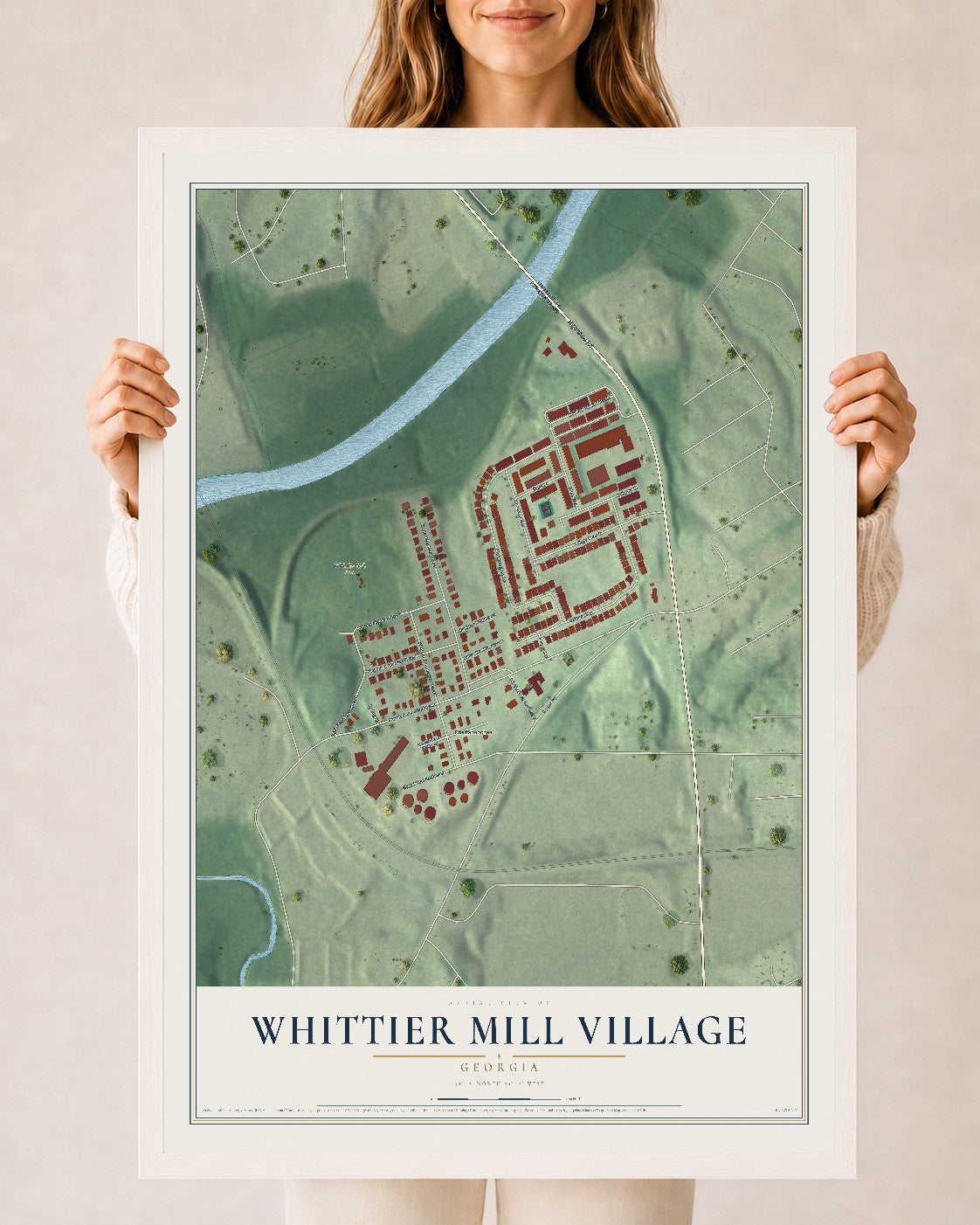 Whittier Mill Village, Georgia map print, 24" x 36" W/ White Ayous Wood Frame mockup