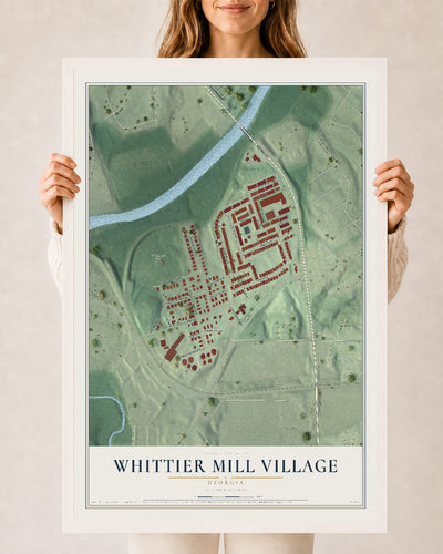 Whittier Mill Village, Georgia map print, 24" x 36" W/ White Ayous Wood Frame mockup