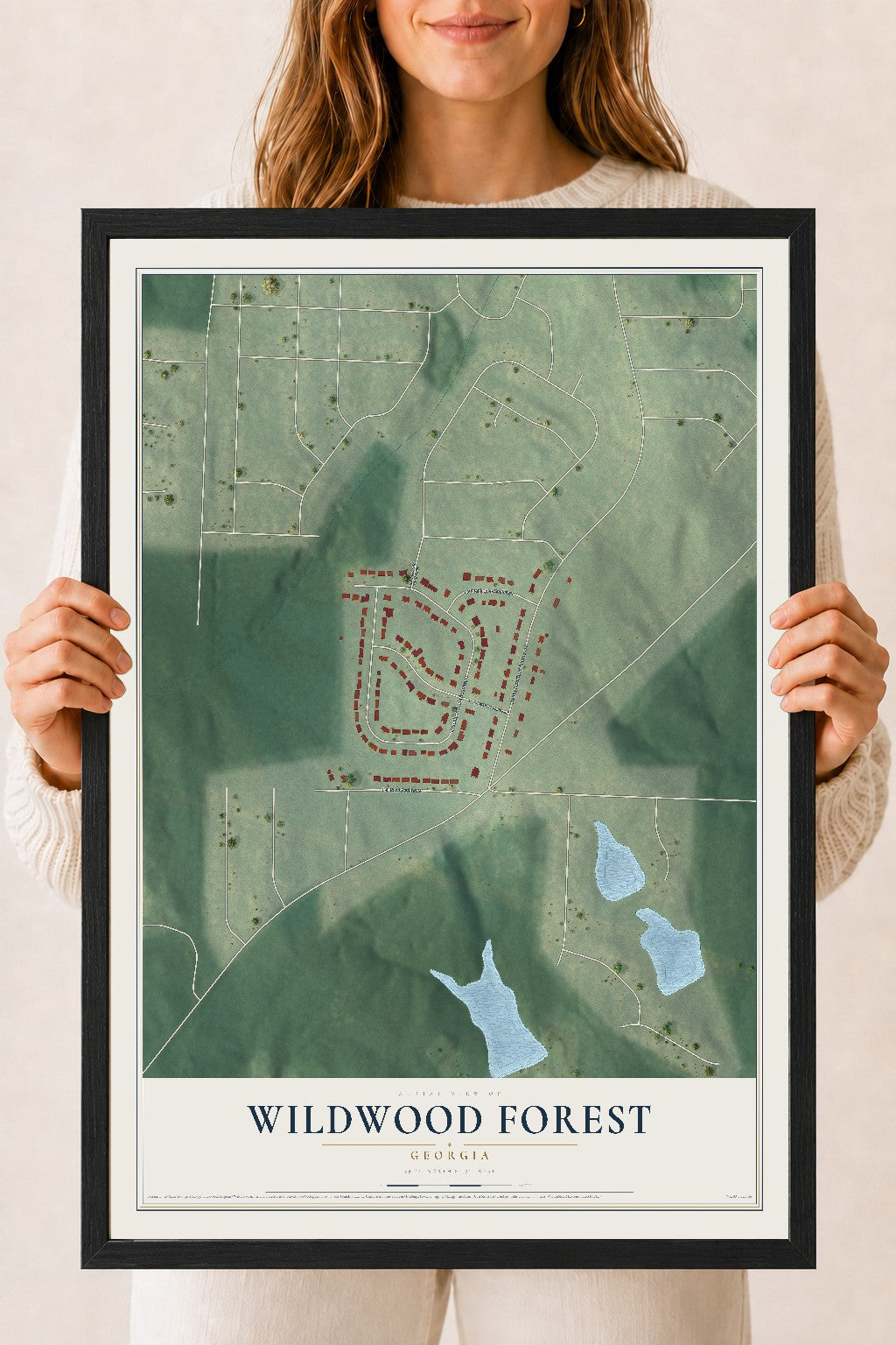 Wildwood Forest, Georgia map print, 18" x 24" W/ Black Ayous Wood Frame mockup