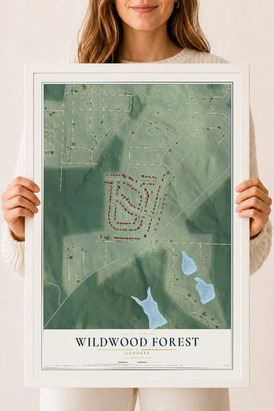 Wildwood Forest, Georgia map print, 18" x 24" W/ White Ayous Wood Frame mockup