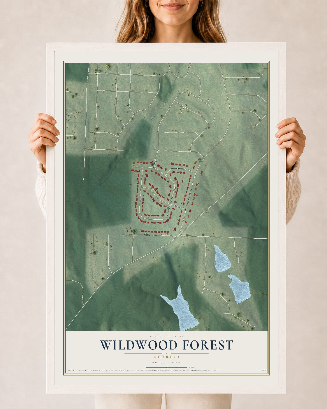 Wildwood Forest, Georgia map print, 24" x 36" W/ White Ayous Wood Frame mockup