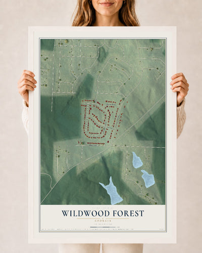 Wildwood Forest, Georgia map print, 24" x 36" W/ White Ayous Wood Frame mockup