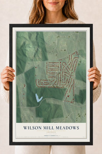Wilson Mill Meadows, Georgia map print, 18" x 24" W/ Black Ayous Wood Frame mockup