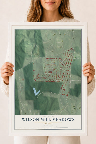 Wilson Mill Meadows, Georgia map print, 18" x 24" W/ White Ayous Wood Frame mockup