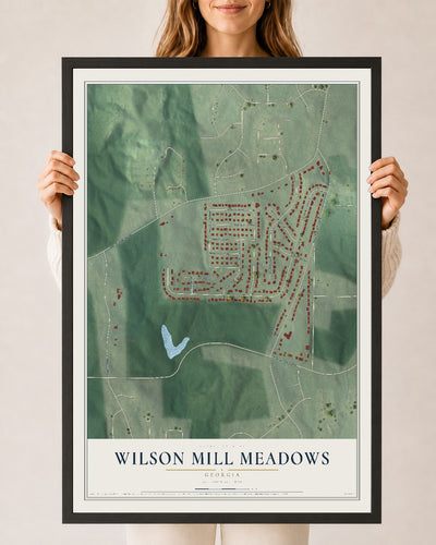 Wilson Mill Meadows, Georgia map print, 24" x 36" W/ Black Ayous Wood Frame mockup