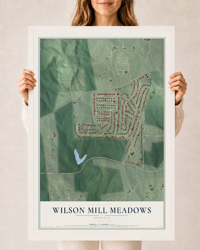 Wilson Mill Meadows, Georgia map print, 24" x 36" W/ White Ayous Wood Frame mockup