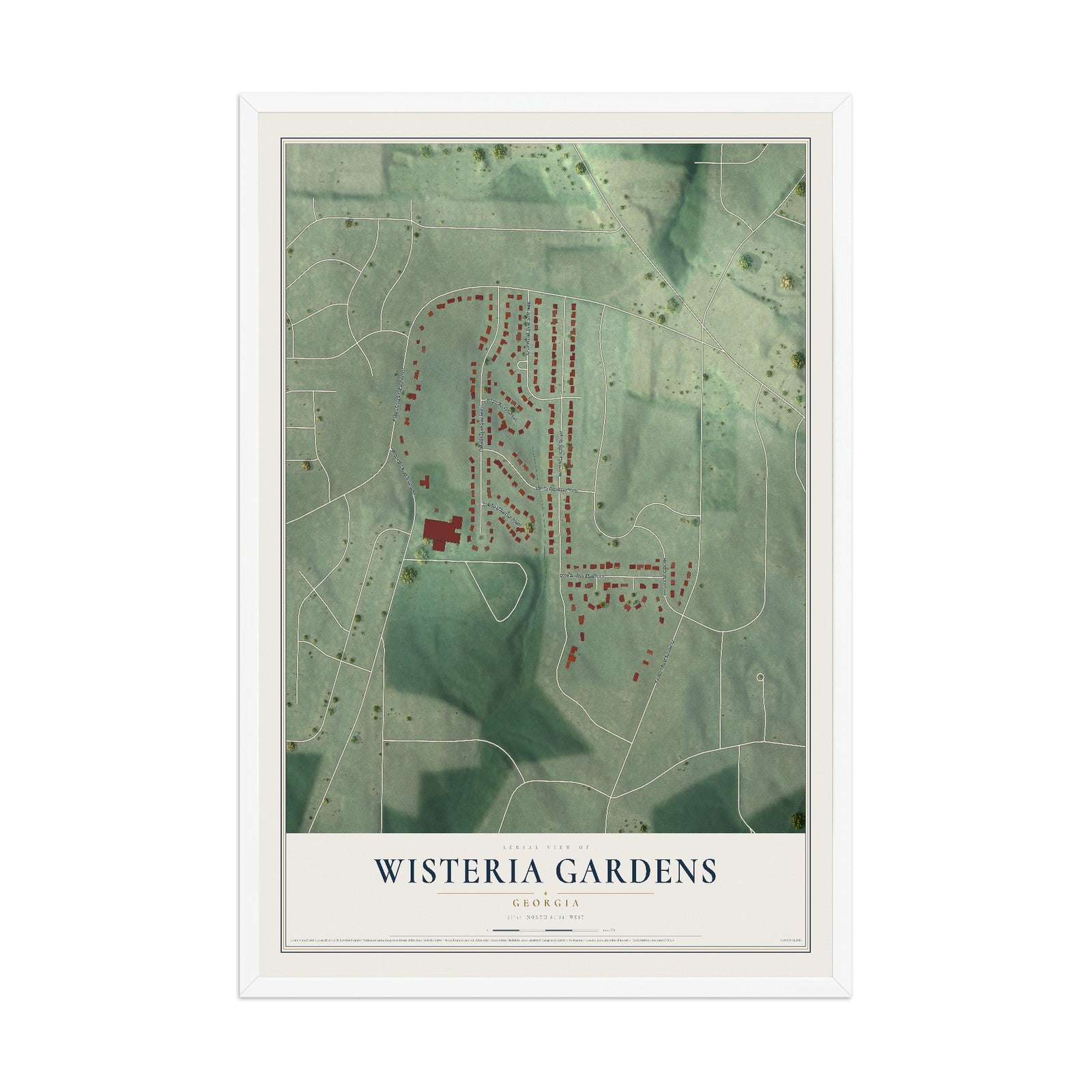 Wisteria Gardens, Georgia map print, 12" x 18" W/ White Ayous Wood Frame mockup