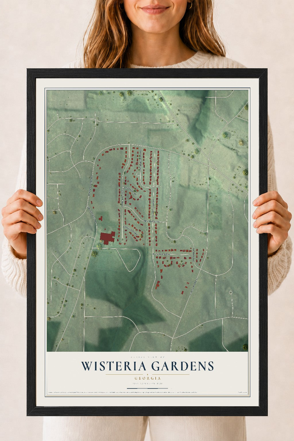 Wisteria Gardens, Georgia map print, 18" x 24" W/ Black Ayous Wood Frame mockup