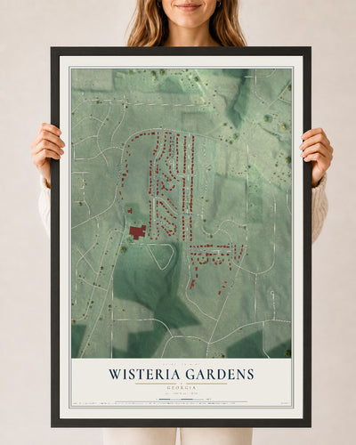 Wisteria Gardens, Georgia map print, 24" x 36" W/ Black Ayous Wood Frame mockup