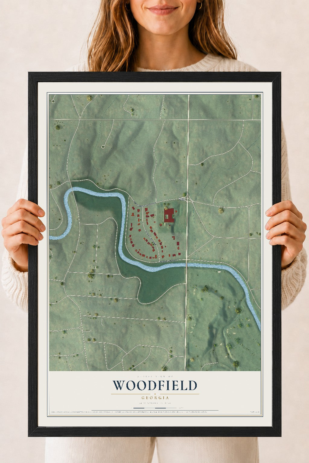 Woodfield, Georgia map print, 18" x 24" W/ Black Ayous Wood Frame mockup