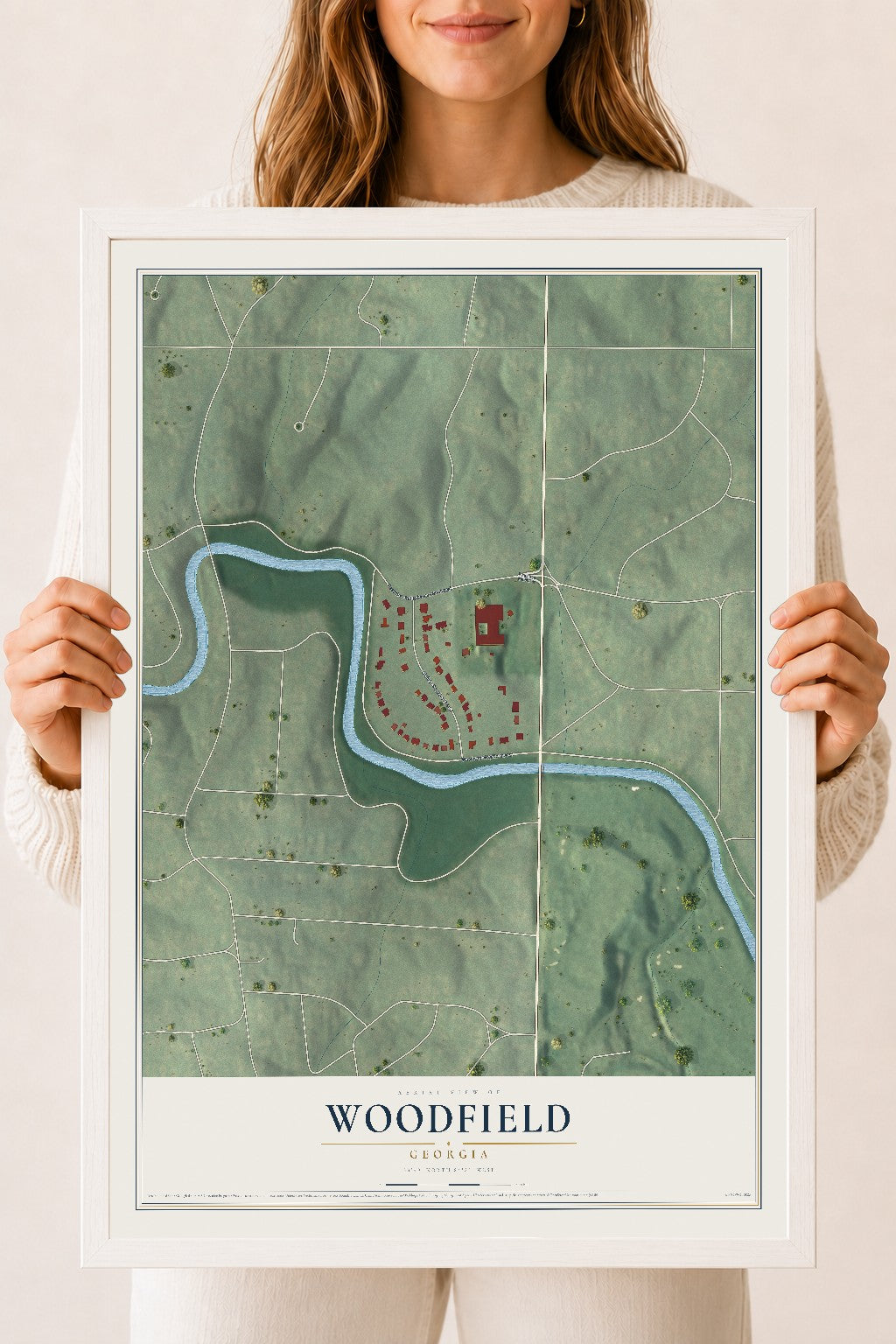 Woodfield, Georgia map print, 18" x 24" W/ White Ayous Wood Frame mockup