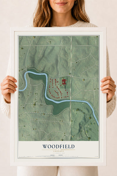 Woodfield, Georgia map print, 18" x 24" W/ White Ayous Wood Frame mockup