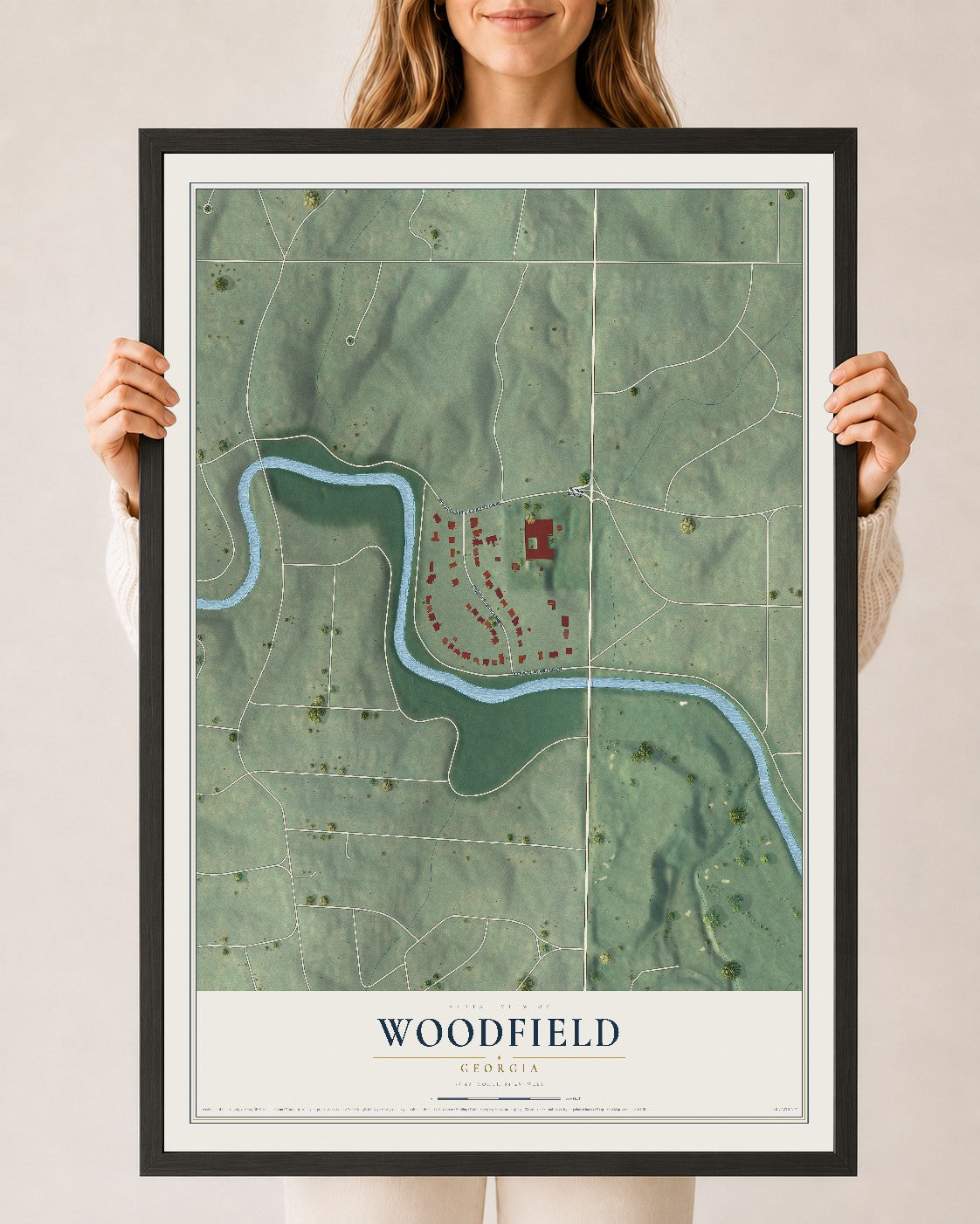 Woodfield, Georgia map print, 24" x 36" W/ Black Ayous Wood Frame mockup