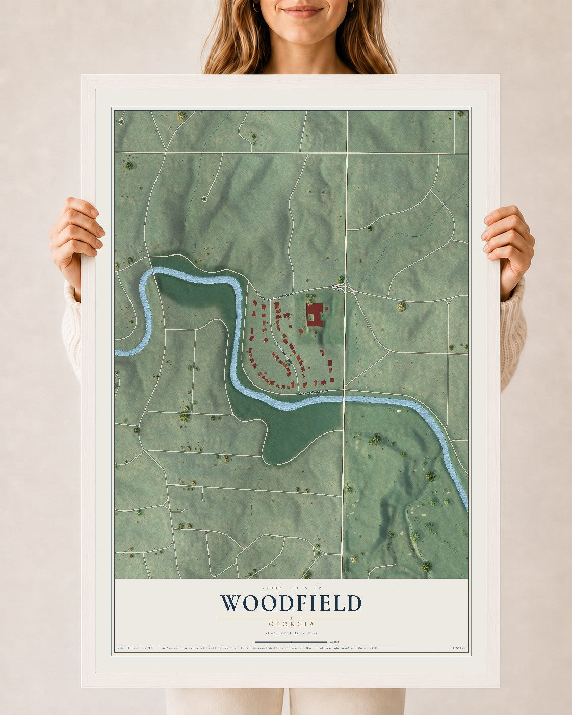 Woodfield, Georgia map print, 24" x 36" W/ White Ayous Wood Frame mockup