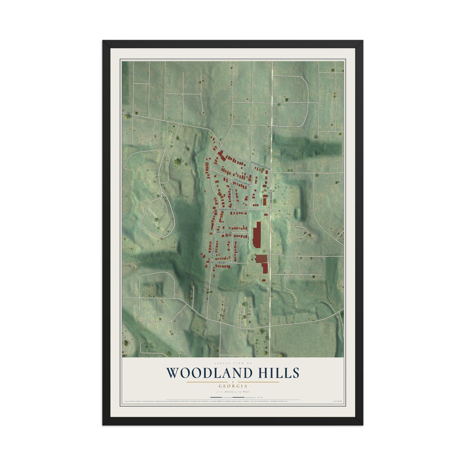 Woodland Hills, Georgia map print, 12" x 18" W/ Black Ayous Wood Frame mockup