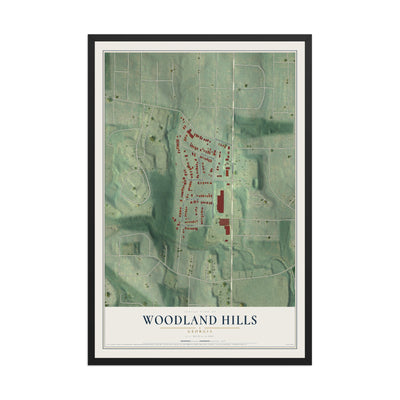 Woodland Hills, Georgia map print, 12" x 18" W/ Black Ayous Wood Frame mockup