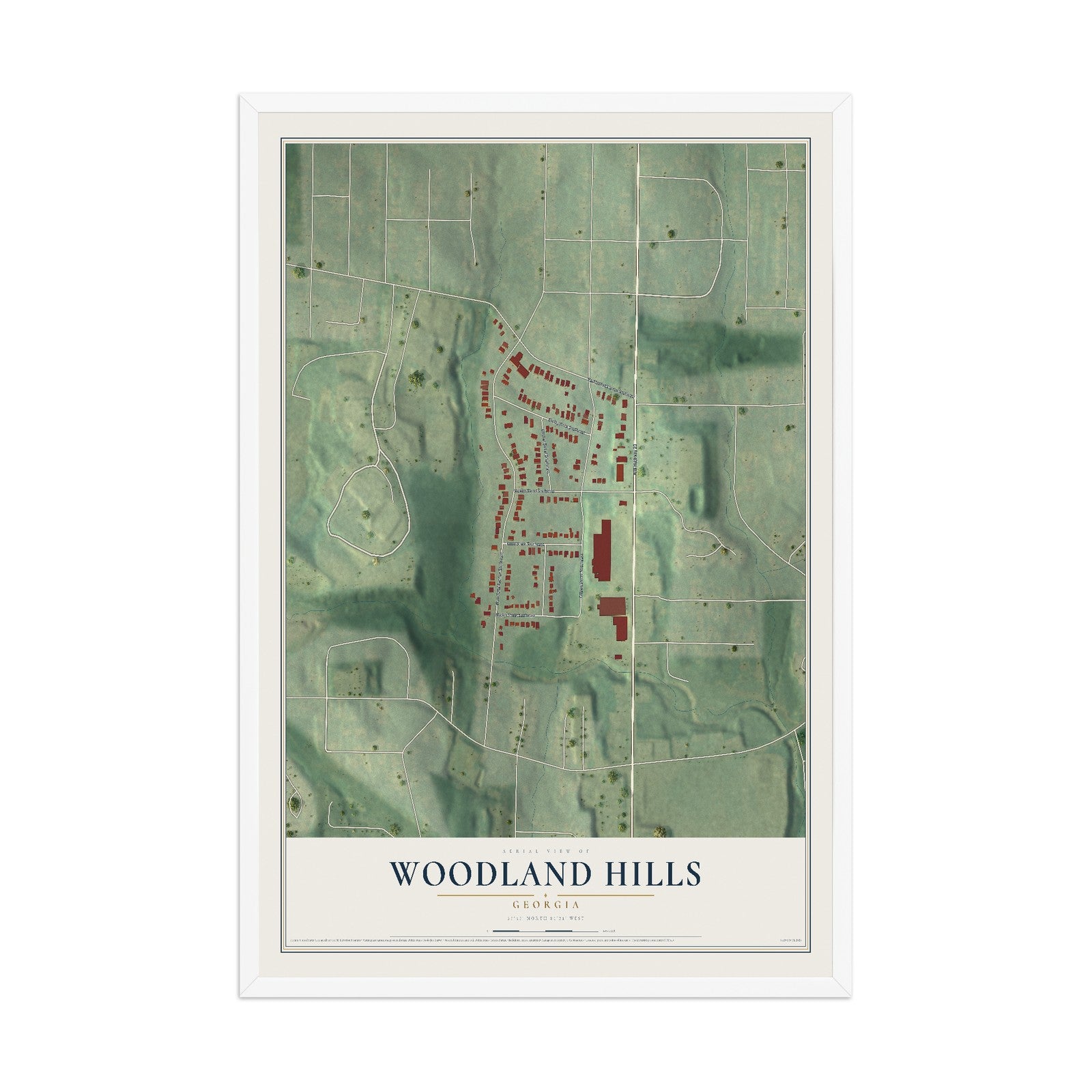 Woodland Hills, Georgia map print, 12" x 18" W/ White Ayous Wood Frame mockup