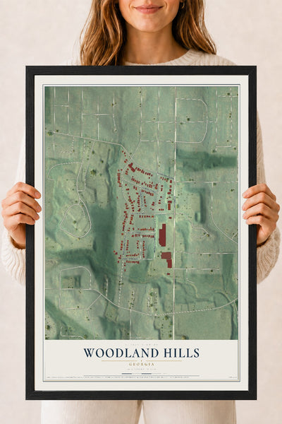 Woodland Hills, Georgia map print, 18" x 24" W/ Black Ayous Wood Frame mockup