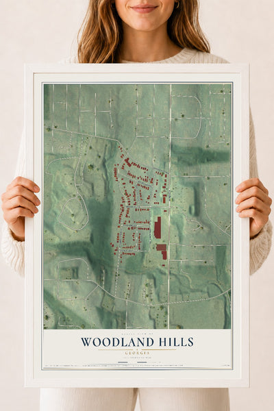Woodland Hills, Georgia map print, 18" x 24" W/ White Ayous Wood Frame mockup