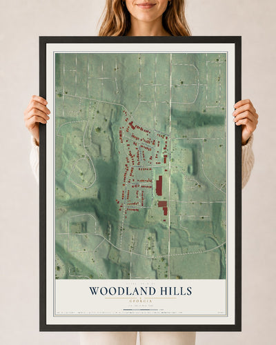 Woodland Hills, Georgia map print, 24" x 36" W/ Black Ayous Wood Frame mockup