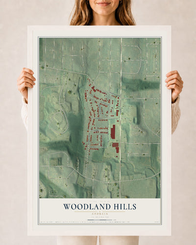 Woodland Hills, Georgia map print, 24" x 36" W/ White Ayous Wood Frame mockup