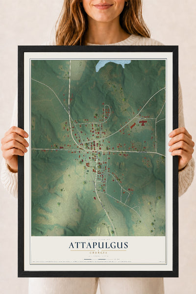 Attapulgus, Georgia map print, 18" x 24" W/ Black Ayous Wood Frame mockup