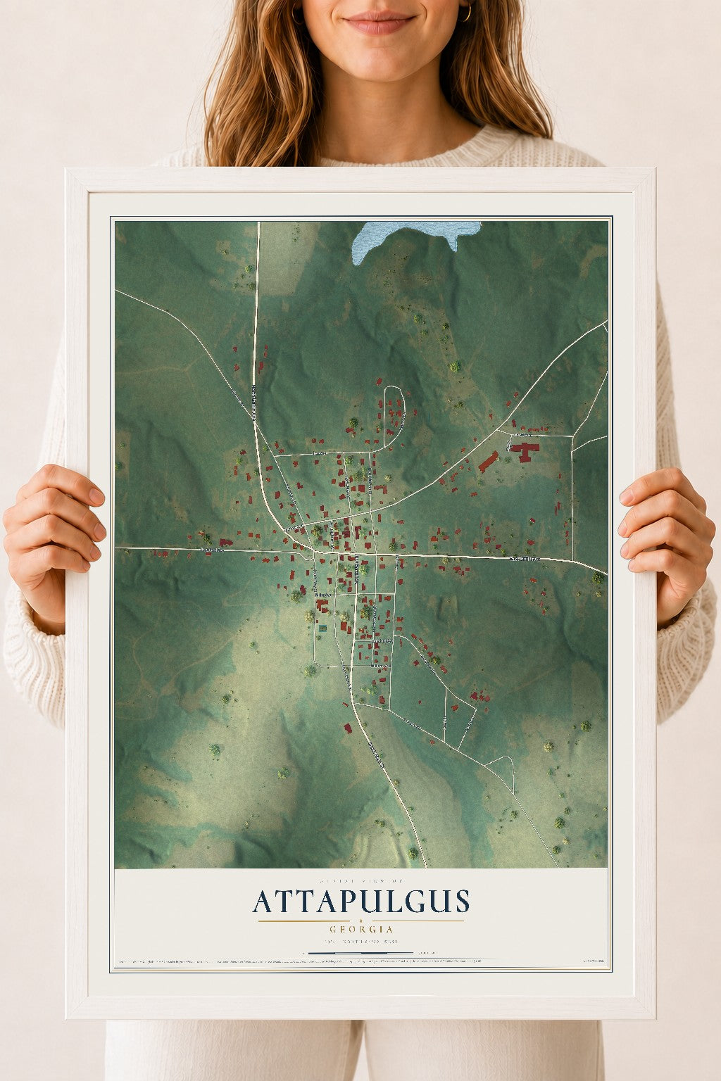Attapulgus, Georgia map print, 18" x 24" W/ White Ayous Wood Frame mockup