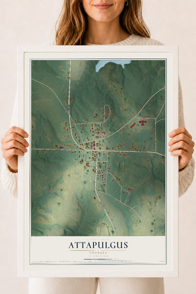 Attapulgus, Georgia map print, 18" x 24" W/ White Ayous Wood Frame mockup