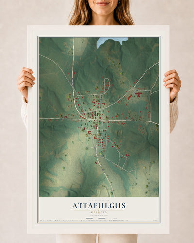 Attapulgus, Georgia map print, 24" x 36" W/ White Ayous Wood Frame mockup