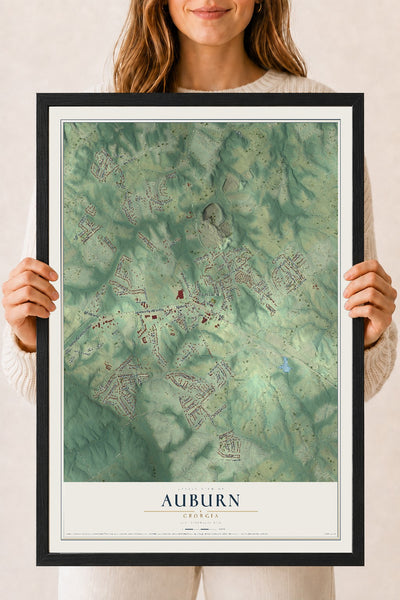 Auburn, Georgia map print, 18" x 24" W/ Black Ayous Wood Frame mockup
