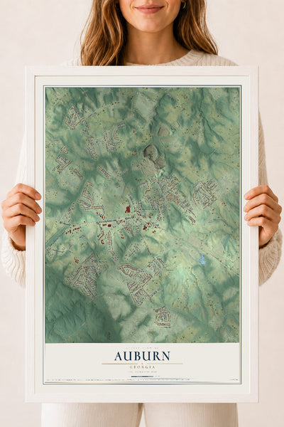 Auburn, Georgia map print, 18" x 24" W/ White Ayous Wood Frame mockup
