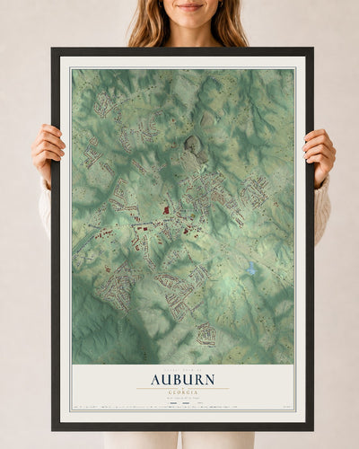 Auburn, Georgia map print, 24" x 36" W/ Black Ayous Wood Frame mockup