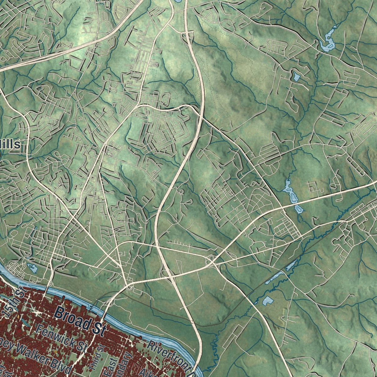 Close-up 2 of the Augusta, Georgia map artwork