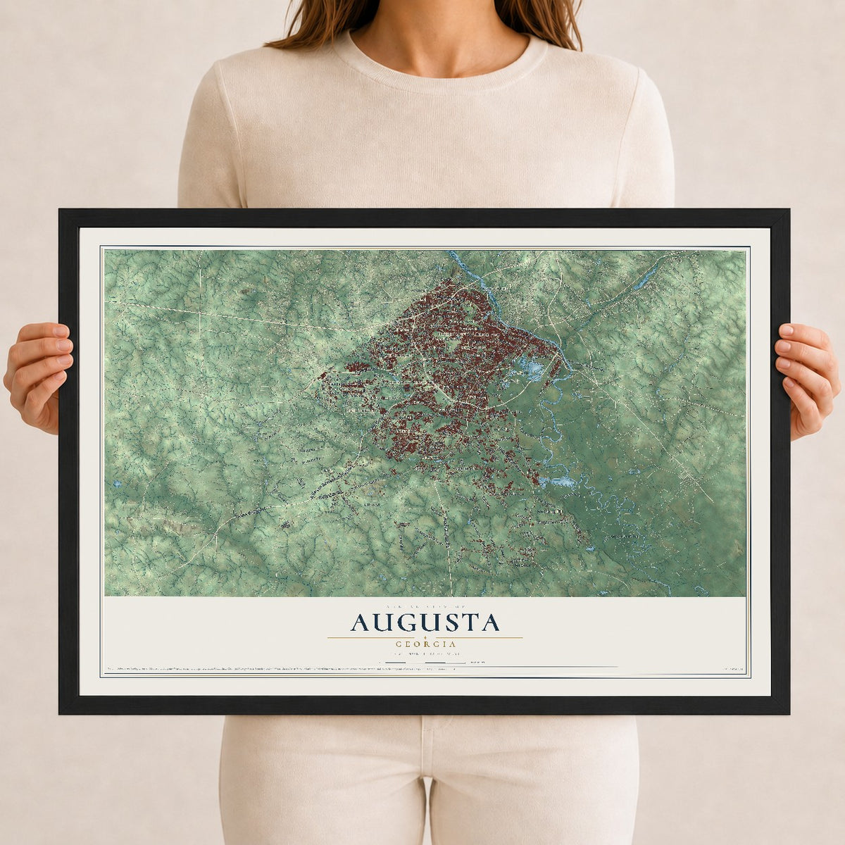 Augusta, Georgia map print, 12" x 18" W/ Black Ayous Wood Frame mockup