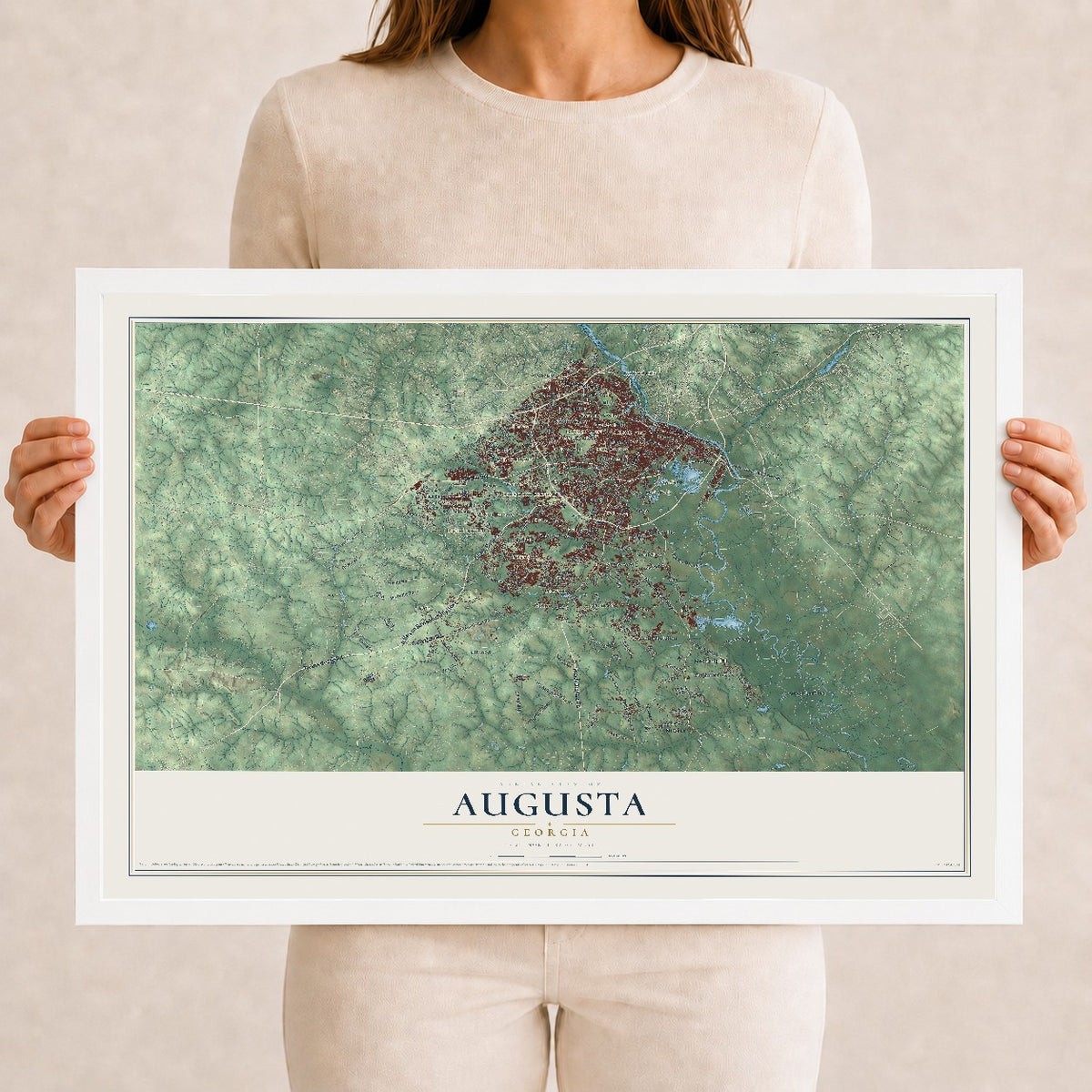 Augusta, Georgia map print, 12" x 18" W/ White Ayous Wood Frame mockup