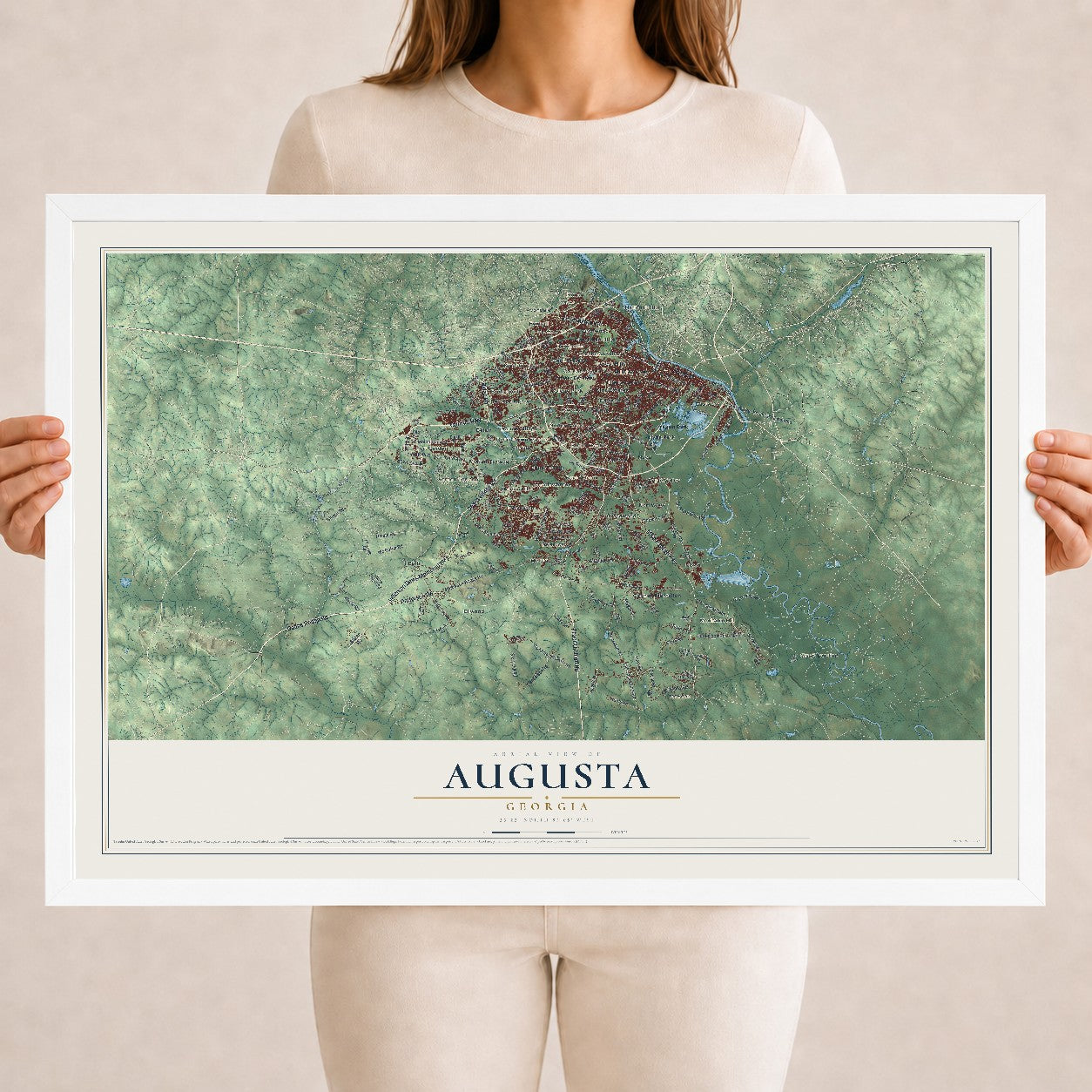 Augusta, Georgia map print, 18" x 24" W/ White Ayous Wood Frame mockup