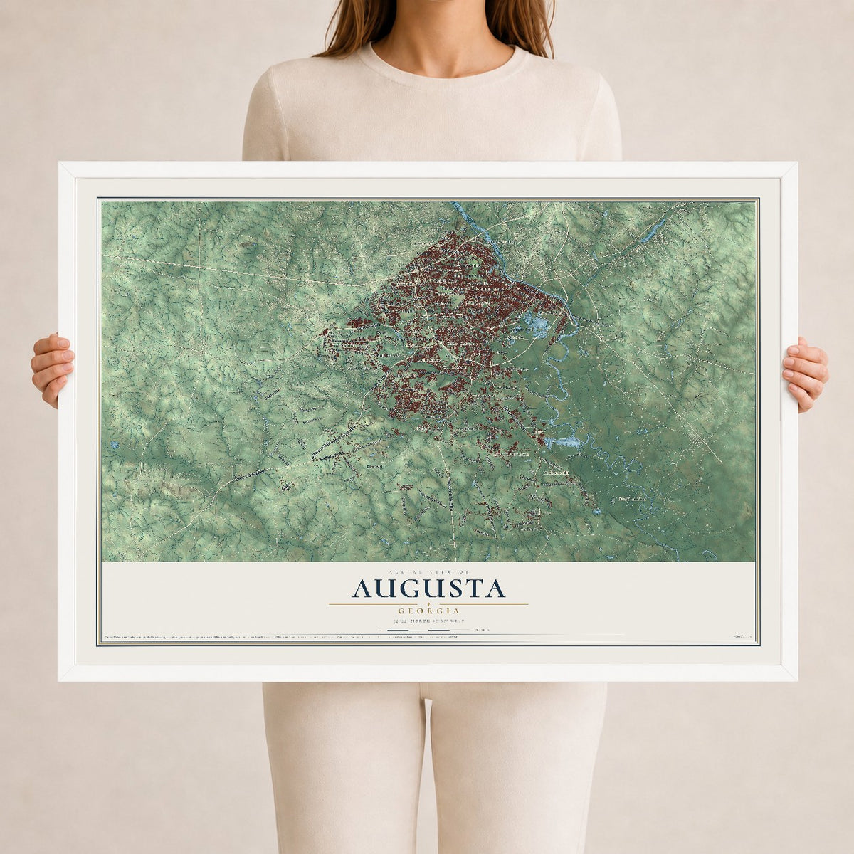 Augusta, Georgia map print, 24" x 36" W/ White Ayous Wood Frame mockup