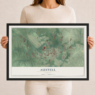 Austell, Georgia map print, 12" x 18" W/ Black Ayous Wood Frame mockup