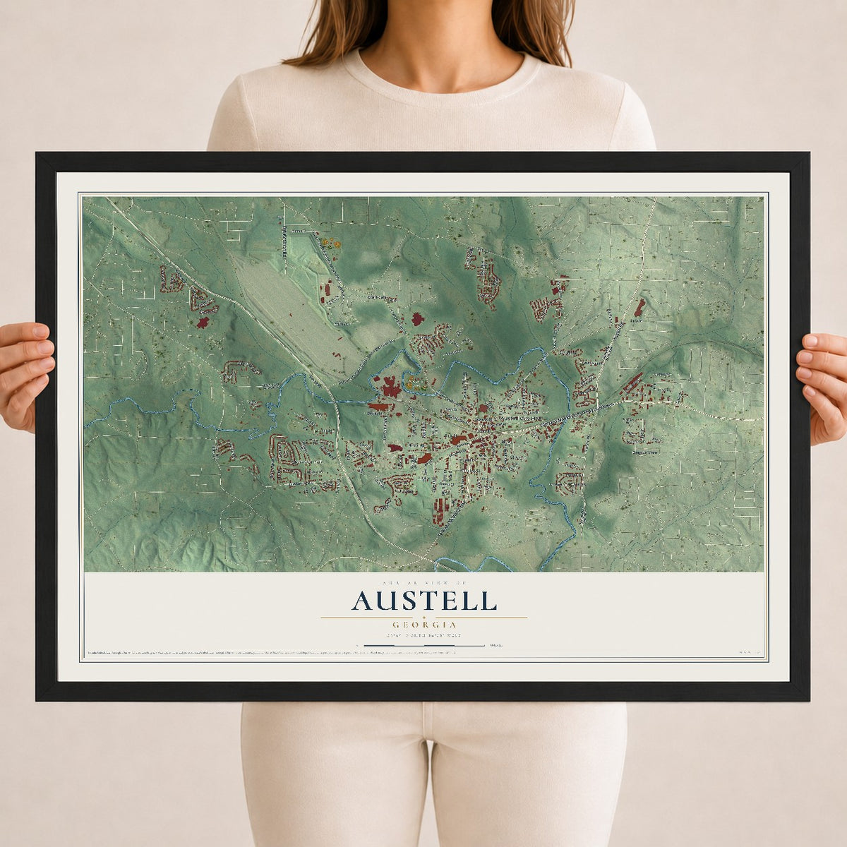 Austell, Georgia map print, 18" x 24" W/ Black Ayous Wood Frame mockup