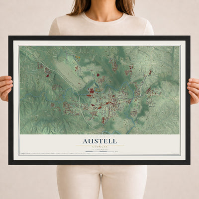Austell, Georgia map print, 18" x 24" W/ Black Ayous Wood Frame mockup