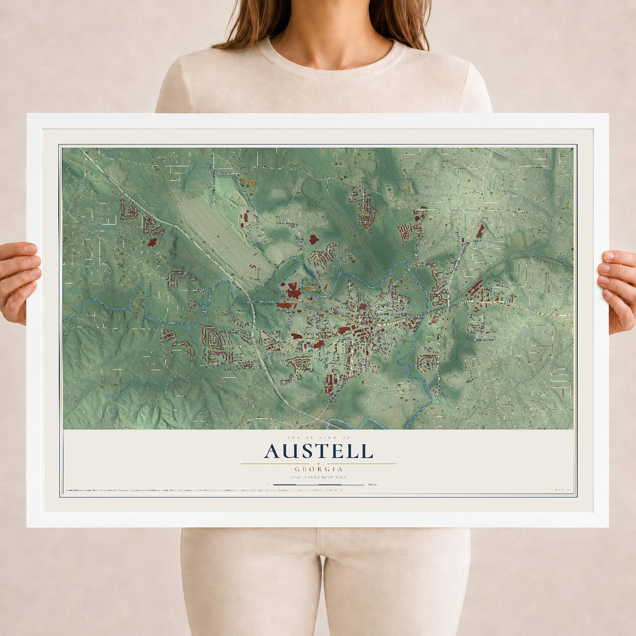 Austell, Georgia map print, 18" x 24" W/ White Ayous Wood Frame mockup