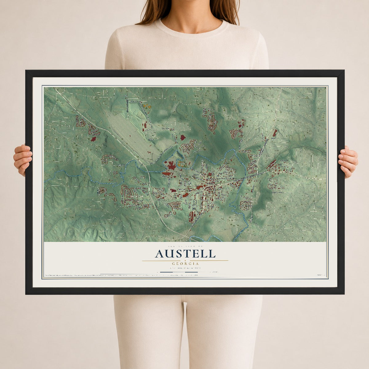 Austell, Georgia map print, 24" x 36" W/ Black Ayous Wood Frame mockup