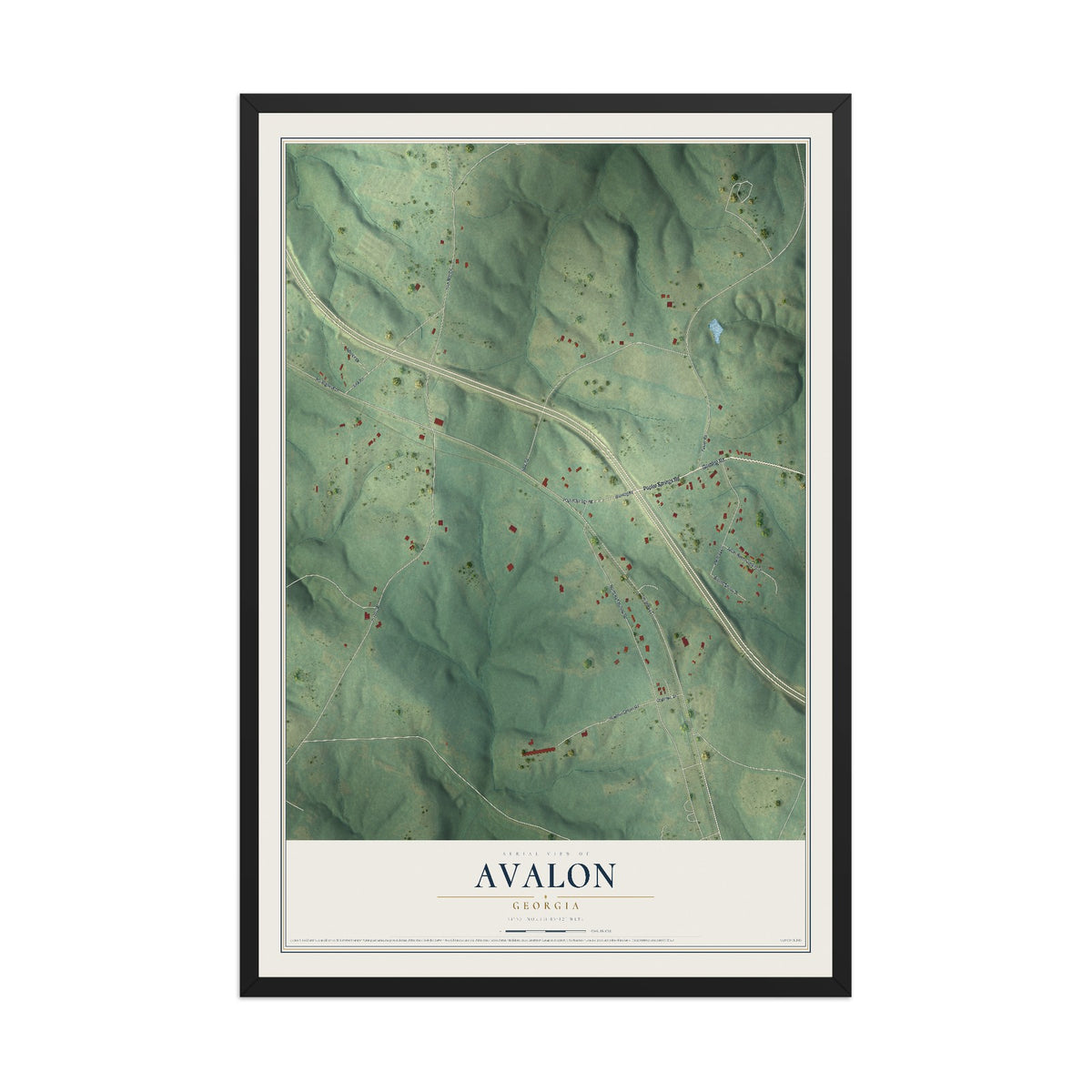Avalon, Georgia map print, 12" x 18" W/ Black Ayous Wood Frame mockup
